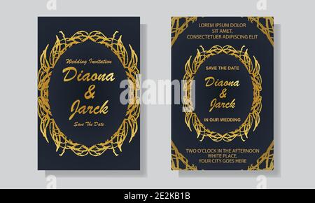 Wedding invitation card template with black and golden luxury floral background Stock Vector