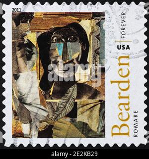 Portrait of a woman by Romare Bearden on stamp Stock Photo