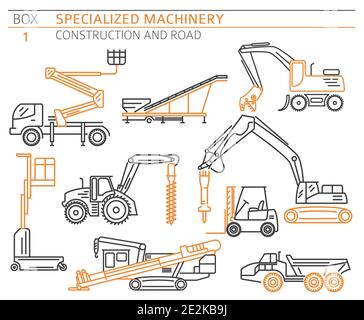 Special industrial construction and road machine linear vector icon set isolated on white. Illustration Stock Vector