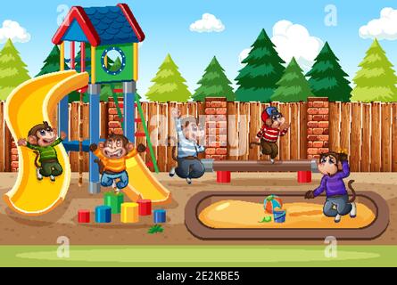 Five little monkeys jumping in the park playground scene illustration Stock Vector