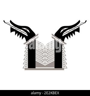 Scandinavian design. Old Scandinavian dragon head and hand-drawn Nordland lettering in Gothic style Stock Vector