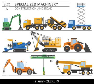 Special industrial construction and road machine linear vector icon set ...