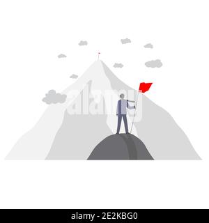 Vector illustration businessman holding red flag looking at the higher one. Second target business concept. Stock Vector