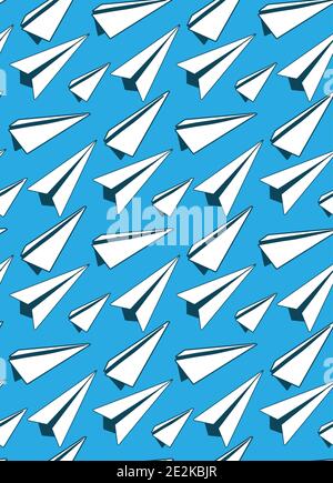 Seamless pattern of sketches of paper airplanes on blue background. Letters and mail. Transportation of correspondence by air. Vector texture for wall Stock Vector
