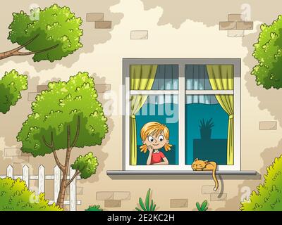 Girl looks out of window. Hand drawn vector illustration with separate layers. Stock Vector