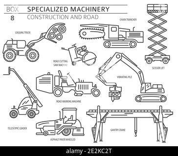 Special industrial construction and road machine linear vector icon set isolated on white. Illustration Stock Vector