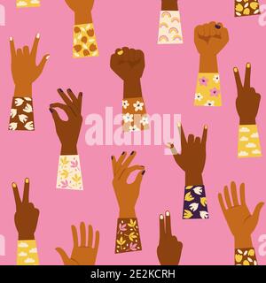 Womans hands with her fist raised up and with various hands gestures. Girl Power Feminism concept. Seamless pattern. Stock Vector