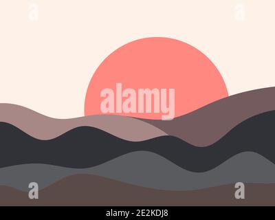 Wavy landscape in a minimalistic style. Sunset landscape with hills. Red sun. Boho decor for prints, posters and interior design. Mid Century modern d Stock Vector