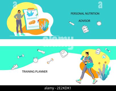 FLyers or banners set on topic of weight loss and healthy activity, vector illustration. Stock Vector