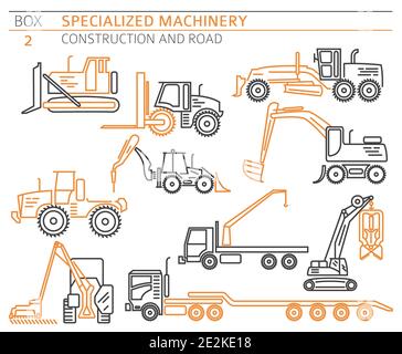 Special industrial construction and road machine linear vector icon set isolated on white. Illustration Stock Vector