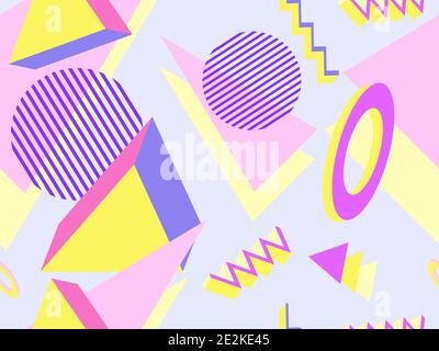 Geometric memphis seamless pattern in style of the 80s. Modern trendy background with 3d objects, virtual reality for promotional products, wrapping p Stock Vector