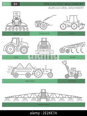 Special agricultural machinery linear vector icon set isolated on white ...