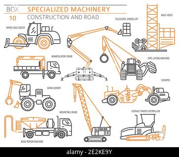 Special industrial construction and road machine linear vector icon set isolated on white. Illustration Stock Vector