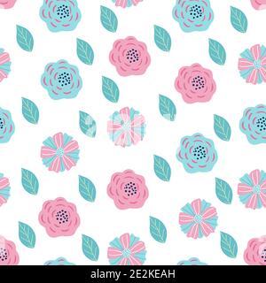 Seamless pattern - blue, pink flowers and leaves Stock Vector