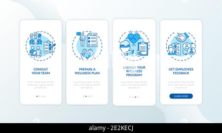 Workspace wellness success tips onboarding mobile app page screen with concepts Stock Vector