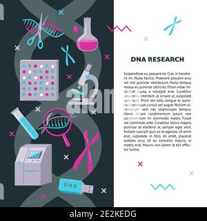 DNA genetic testing and research banner or flyer template in flat style. Medical laboratory equipment symbols. Scientific poster illustration with pla Stock Vector