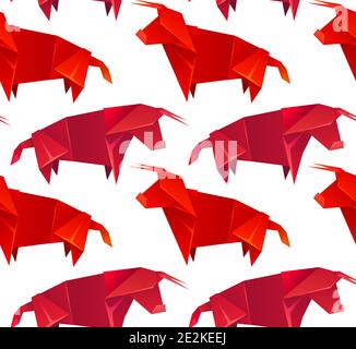 Seamless pattern of red origami bulls made of paper on white background. The symbol of the Eastern New Year. Polygonal figure of strong animal. Vector Stock Vector