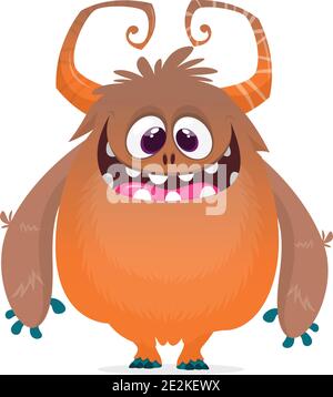 Cute cartoon monster with horns. Smiling monster emotion with big mouth. Halloween vector illustration Stock Vector