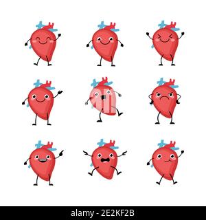 Cute heart organs character set in a flat cartoon style. Human organs person with the different emotions. Stock Vector