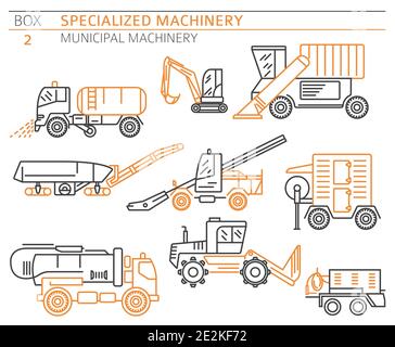 Special industrial road and municipal machine linear vector icon set isolated on white. Illustration Stock Vector