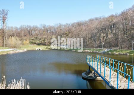 Fragment of the Feofaniya park in Kiev. Nice picturesque lake and well-groomed landscape. Stock Photo