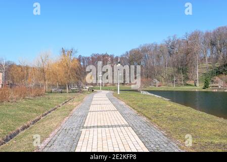 Fragment of the Feofaniya park in Kiev. Nice picturesque lake and well-groomed landscape. Stock Photo