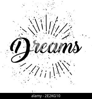 Dreams word and Sun rays hand drawn on a white background, linear drawing Stock Vector