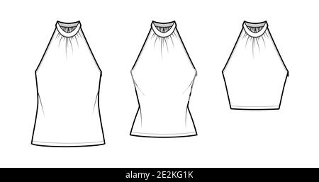 Set of Tops banded high neck halter tank technical fashion illustration with wrap, slim, oversized fit, crop, tunic length. Flat apparel outwear template front, white color. Women men CAD mockup Stock Vector