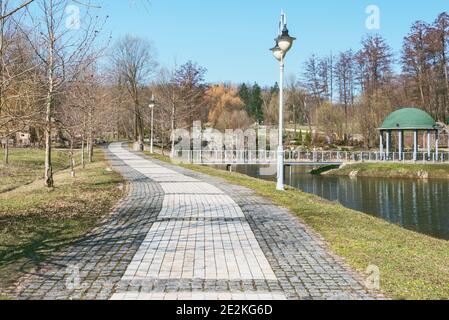 Fragment of the Feofaniya park in Kiev. Nice picturesque lake and well-groomed landscape. Stock Photo