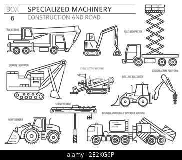 Special industrial construction and road machine linear vector icon set isolated on white. Illustration Stock Vector