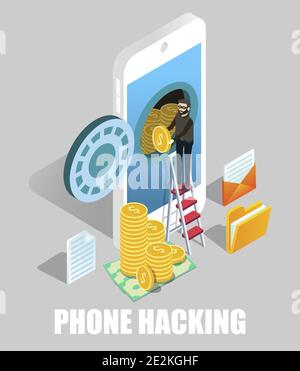 Phone hacking scams. Isometric hacker, cyber thief stealing money from smartphone, vector illustration. Cyber crime. Stock Vector