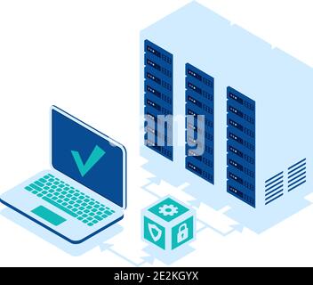 Open laptop and server rack isolated isometric vector icon Stock Vector