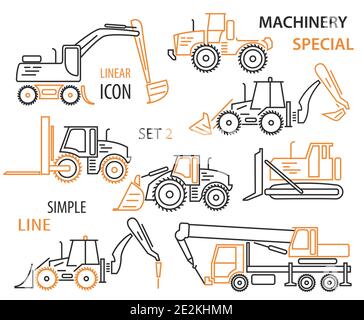 Construction equipment and special machinery linear vector icon set. Illustration Stock Vector