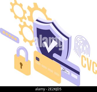 Shield lock and credit card isometric icon isolated vector illustration, protection and safety online payment symbol Stock Vector