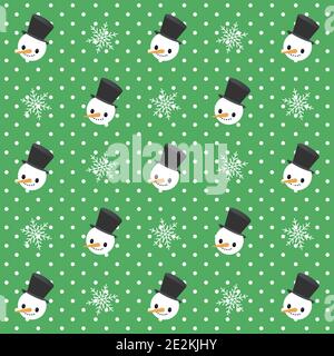 Christmas vector seamless pattern. Snowman and snowflakes on a green background. Stock Vector