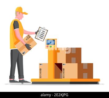 Warehouse worker is weighing the cargo. Industrial goods weight scales. Logistic and distribution, parcel package, cardboard boxes. Scale with box isolated on white. Flat vector illustration Stock Vector