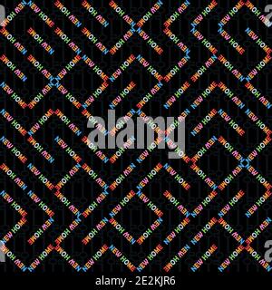 Vector truchet style geometric new home typography seamless pattern background. Fun colorful random bright letters on key textured black backdrop. Red Stock Vector