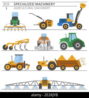 Special agricultural machinery colored vector icon set isolated on ...