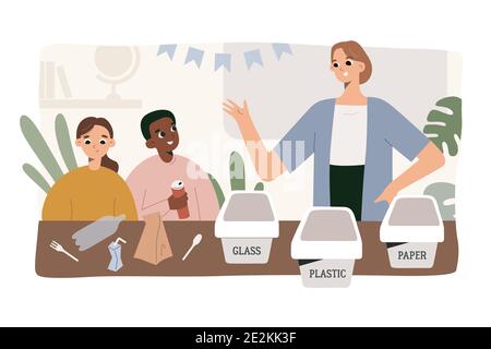 Waste sorting at school. Happy children sorting garbage with teacher in classroom, putting plastic, paper or metal litter in trash bins or containers Stock Vector