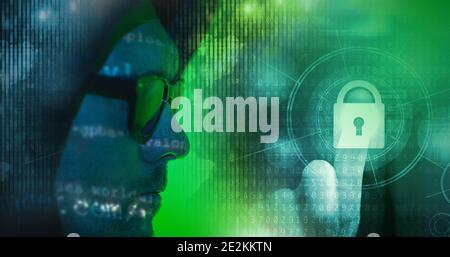 Network Security Conceptual Image. Internet Data Safety Concept with Caucasian Hacker in His 30s Wearing Black Hoodie. Stock Photo
