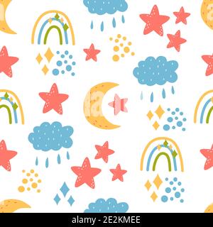 Seamless pattern - rainbow, moon, clouds, stars Stock Vector