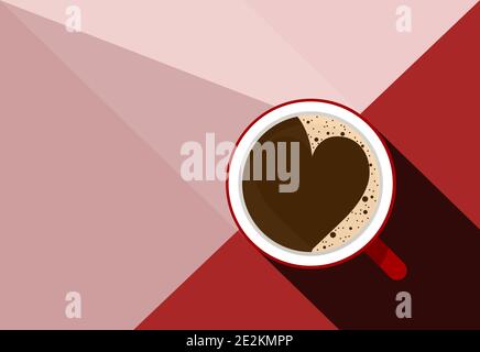 Espresso coffee red cup with heart top view. Hard light, graphic pink red colorful background. Poster flat vector illustration Stock Vector