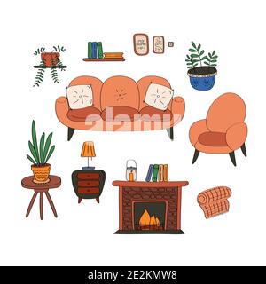 Interior elements. Details of cozy home. Sofa armchair fireplace, table, home plants. Flat hand drawn vector graphic Stock Vector