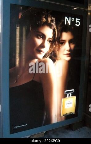 French actress Audrey Tautou is seen in an advertising campaign for the new Chanel fragrance Number 5 on a bus stop in New York City NY USA on January 6 2010. Photo