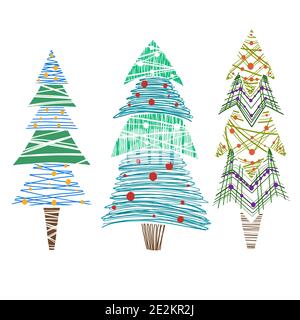 Set of coloring various lagom firs with hatching and scribble. Hand-drawn Christmas trees with toys. Vector ink element for cards, stamps, banners and Stock Vector