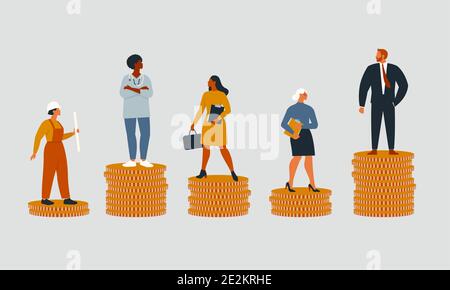 Rich and poor people with different salary, income or career growth unfair opportunity. Concept of financial inequality or gap in earning. Flat vector