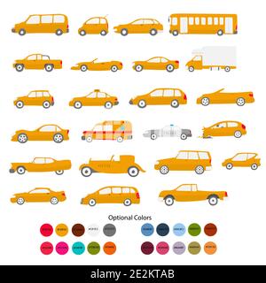 Various kinds of orange vehicle icon set with optional color codes illustration vector. Separated layers and color editable. Stock Vector