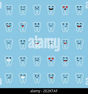 Set of Emoticons. Tooth character with different facial expressions, emotions. Flat design. Set of Emoji. Stock Vector