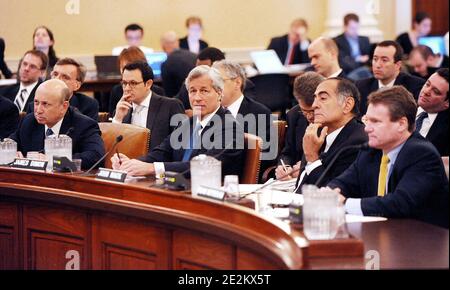 '(L-R) Lloyd C. Blankfein, Chairman of the Board and CEO, Goldman Sachs Group, Inc.; Jamie Dimon, Chairman of the Board and CEO, JPMorgan Chase & Company; John J. Mack, Chairman of the Board, Morgan Stanley, Brian Moynihan, Chief Executive Officer and President, Bank of America Corporation, testify before the Financial Crisis Inquiry Commission in Washington, DC, USA on January 13, 2010. Photo by Olivier Douliery/ABACAPRESS.COM' Stock Photo
