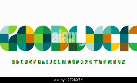 Vector illustration of Good Luck phrase made of abstract geometric blocks with clover leaf and colorful alphabet letters set Stock Vector